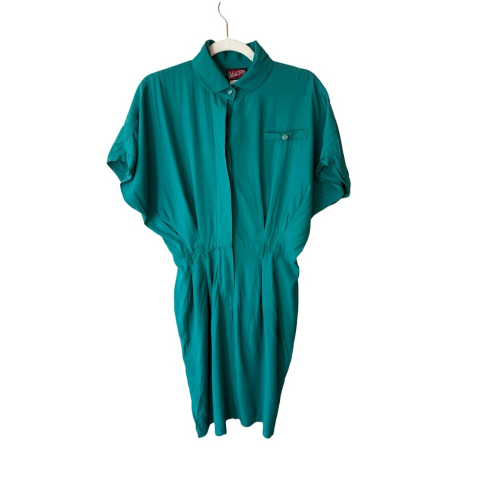 Vintage 90s Heart Teal Short Sleeve Button-Front Dress Size 10 Retro Minimalist
